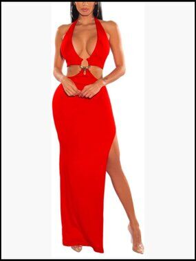Sexy Sleeveless Halter V Neck Backless Bodycon Maxi Dress High Slit Side Cutout